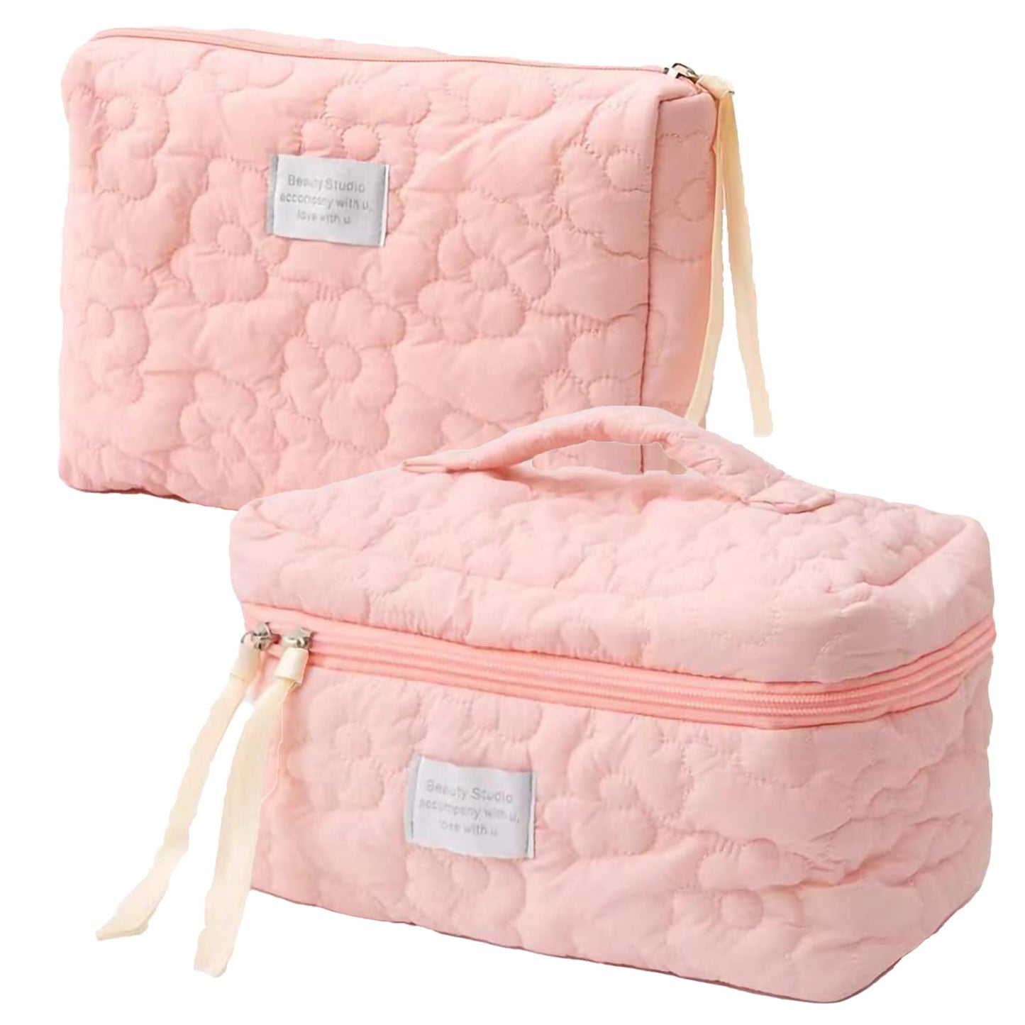 HIQUAY 2pcs Large Capacity Soft Makeup Bag, Soft Travel Cosmetic Bag Makeup Pouch Bag for teens, Women and Girls (2pc-Pink)