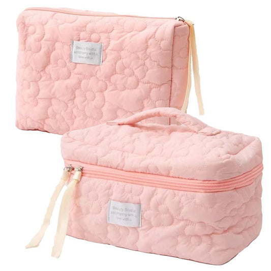 HIQUAY 2pcs Large Capacity Soft Makeup Bag, Soft Travel Cosmetic Bag Makeup Pouch Bag for teens, Women and Girls (2pc-Pink)