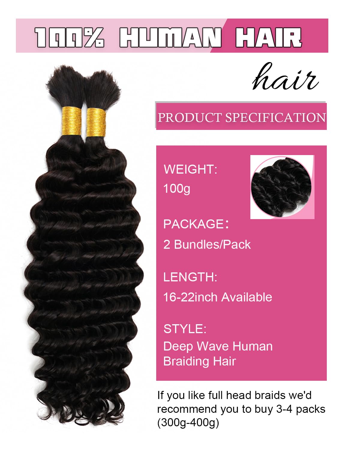 Human Braiding Hair 1 Bundles/Pack 100g 20 Inch Deep Wave Curly Bulk 100% Human Hair for Braiding No Weft 10A Brazilian Virgin Human Hair Extensions for Boho Braids Natural Black Wet and Wavy