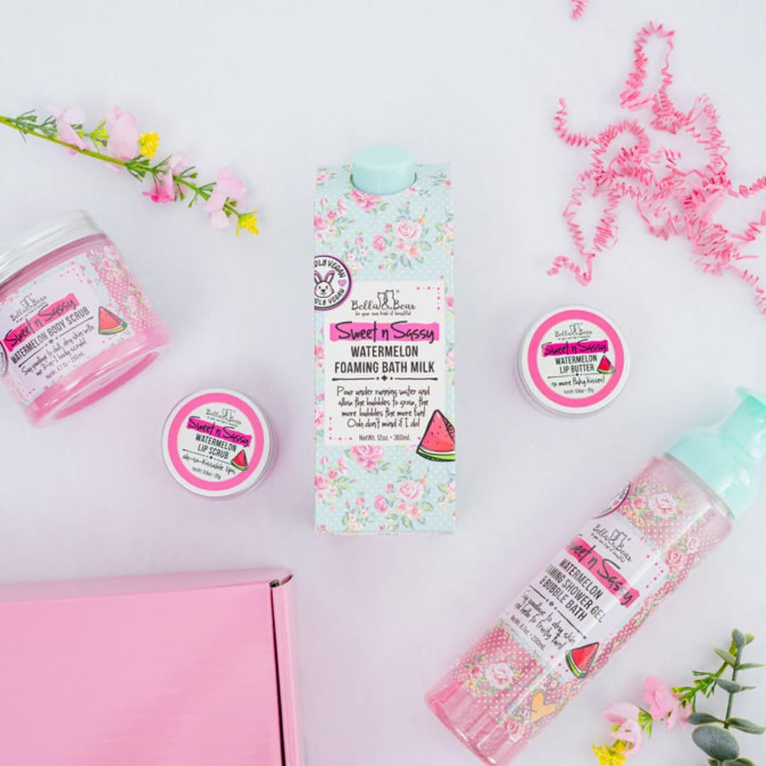 Bella & Bear Sweet 'n' Sassy Watermelon Mega Bath & Body Gift Set with Foaming Shower Gel & Bubble Bath, Bath Milk, Body Scrub & Lip Scrub and Lip Butter Great Gifts for Women