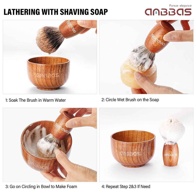 Anbbas Pure Badger Hair Shaving Brush Wood Handle and Large Soap Bowl with Stainless Steel Shaving Stand 3in1 Kit for Men