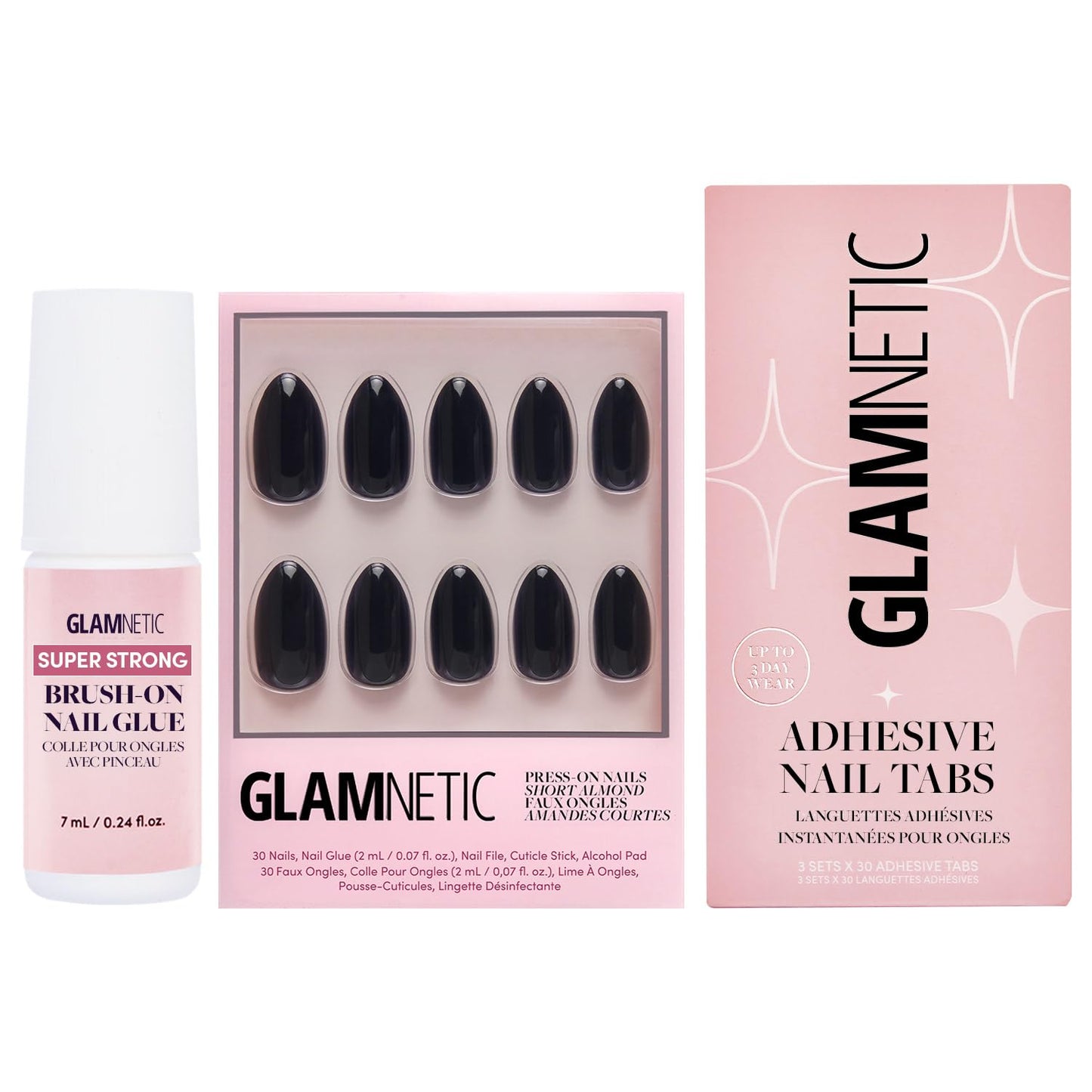 Glamnetic Press-On Nails - Boba | Super Strong Brush On Nail Glue & Nail Adhesive Tabs | Opaque Black Short Almond Nails, Reusable | 12 Sizes - 24 Nail Kit
