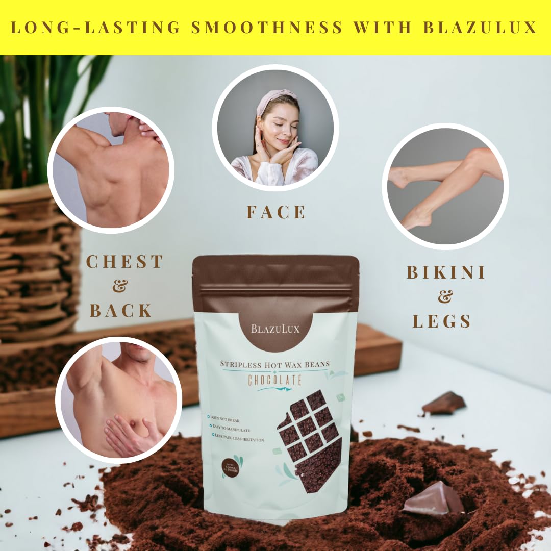 Blazulux Wax - Chocolate 1000g Hard Wax Beans for Hair Removal, Stripless, for Brazilian Bikini, Face, Eyebrows, Underarms, Arms, Chest, Back, Legs