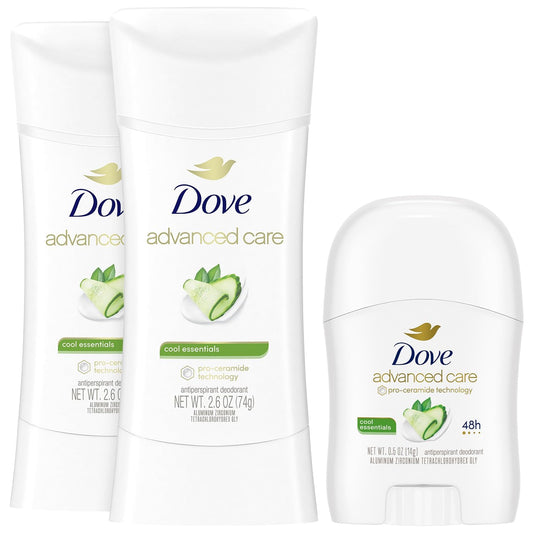 Dove Advanced Care Deodorant, Cool Essentials Bundle – Full-Size Antiperspirant Deodorant 2-Pack + Mini Deodorant (3 Piece Set)
