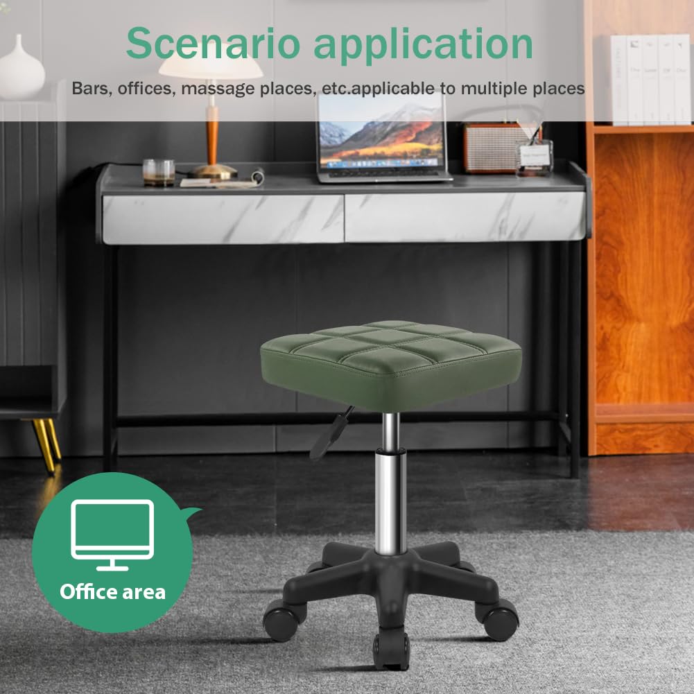 FURWOO Square Swivel Stool with Wheels PU Leather Rolling Stool Height Adjustable for Spa Salon Massage Green
