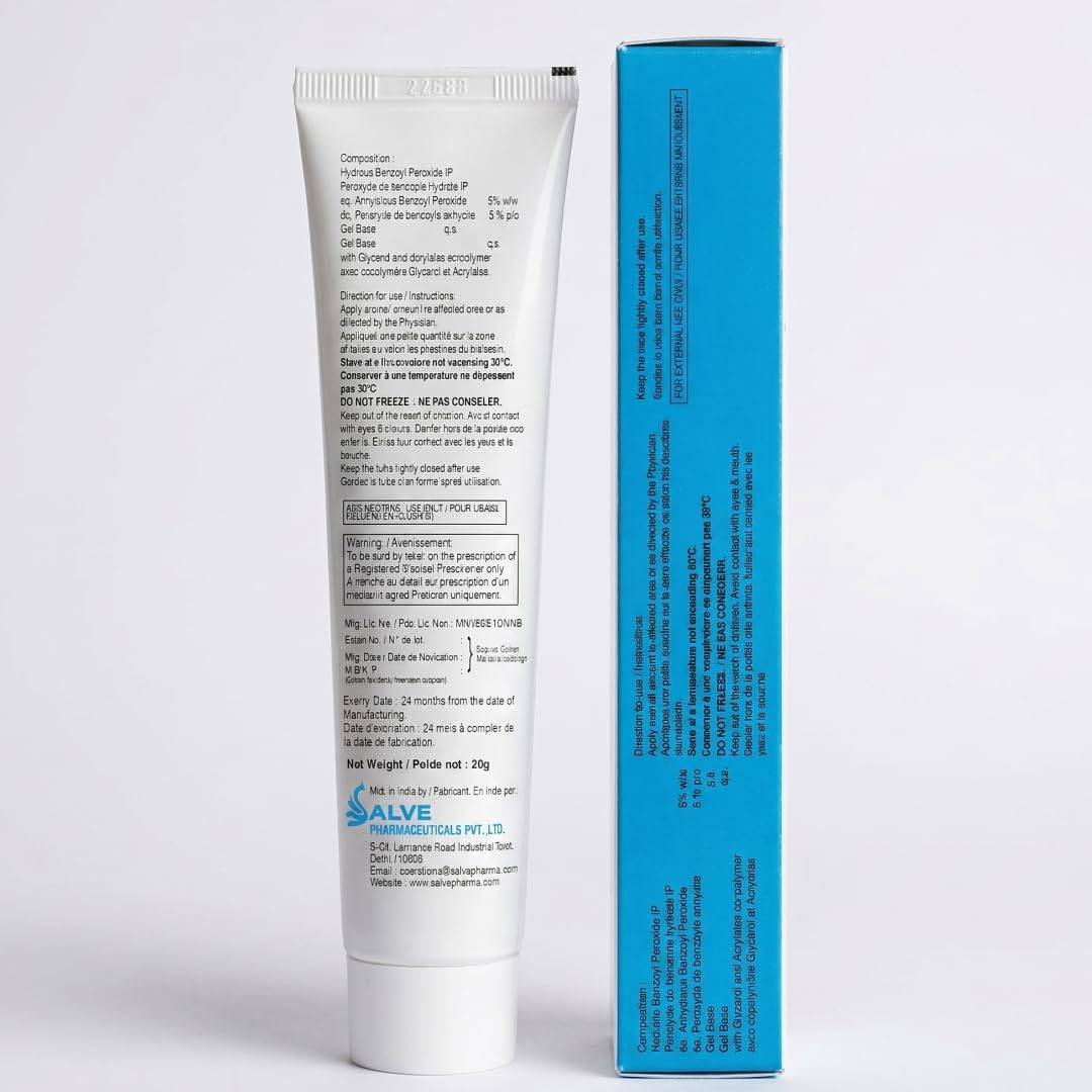 SALVE Benxop 5% Benzoyl Peroxide Gel (0.70 oz / 20g) - Topical Skincare Gel for Oil-Prone and Congested Skin