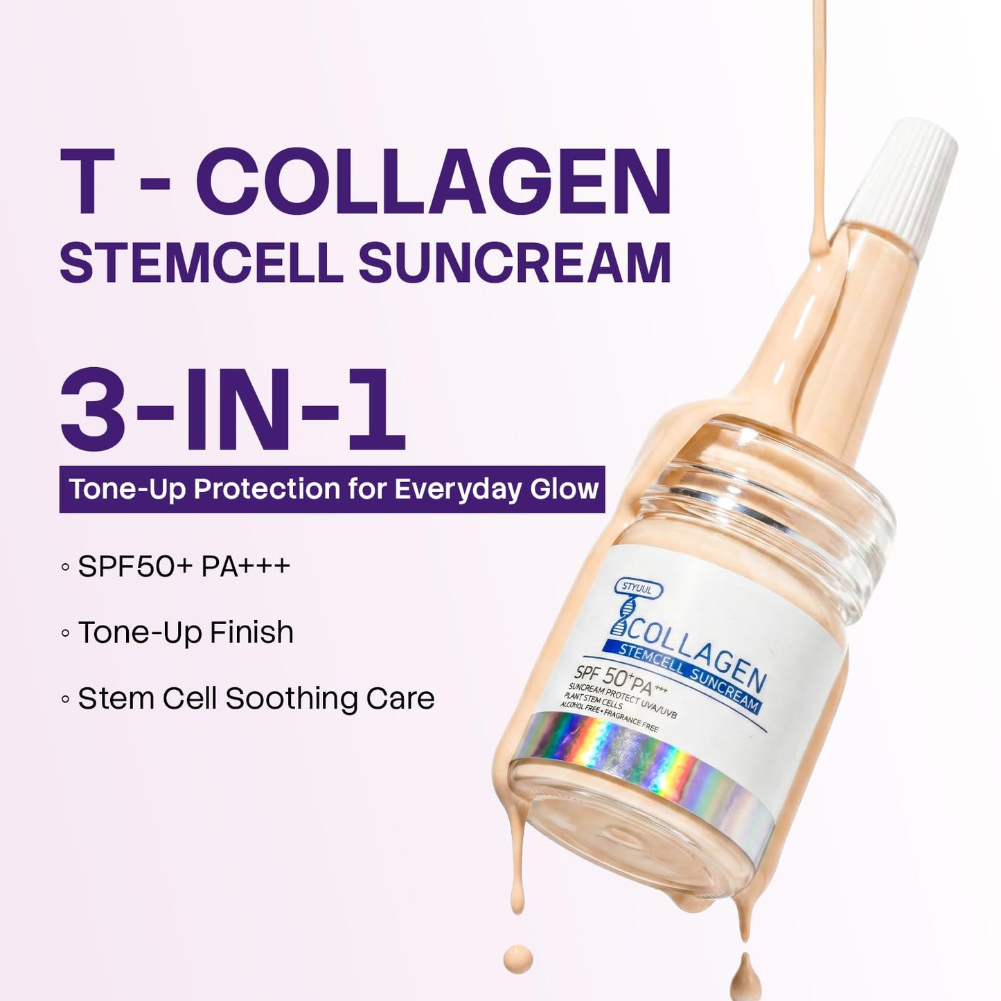 T-Collagen Sunscreen Serum SPF50+ – Lightweight UV Defense, No White Cast, Collagen + Stem-Cell Complex – For Sensitive Skin (4 Bottles)