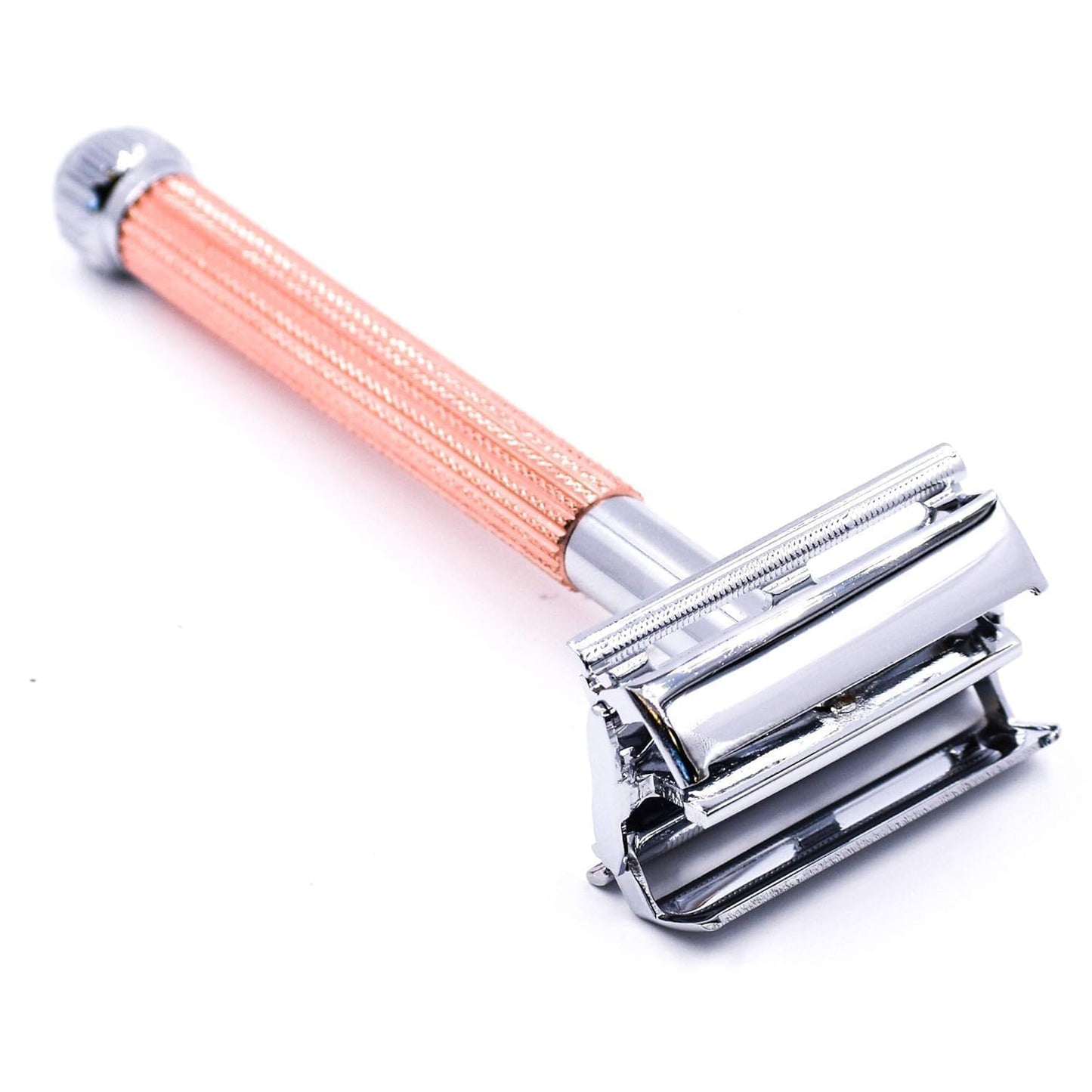 Parker 29L Rose Gold, Long Handle Butterfly Open Double Edge Safety Razor for Men & Women, 5 Parker Premium Platinum Double Edge Razor Blades Included