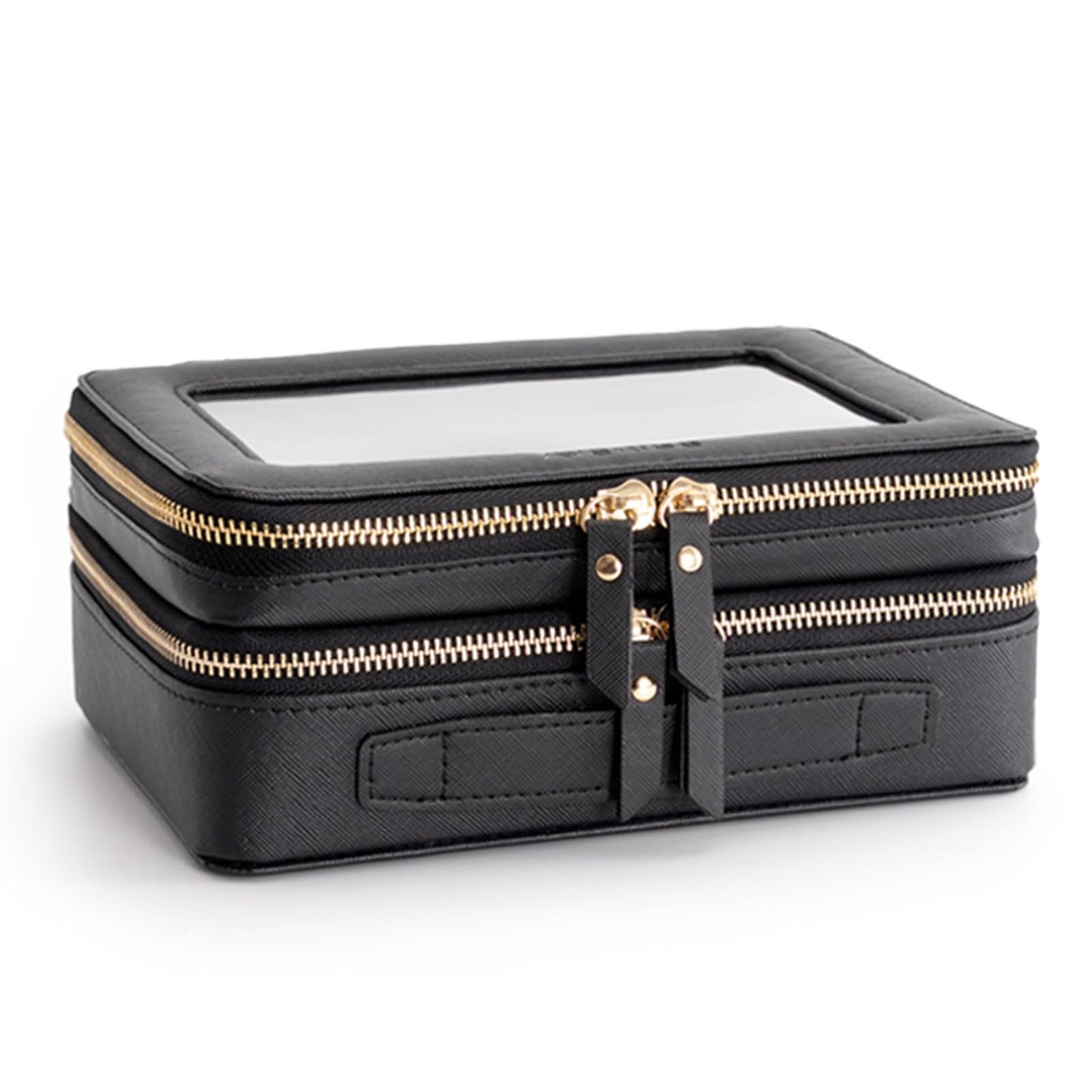 Aveniee XL Clear Makeup Organizer,Double Layer Travel Cosmetic Case with Brush Holder & Zippered Compartments,Big Toiletry Bag for Travel Accessories,2 Layers Large,Black