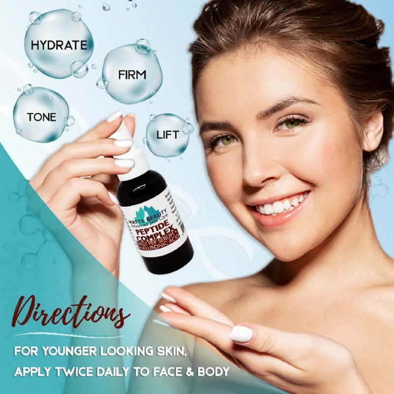 Watts Beauty Peptide Anti-Aging Face Serum - Hyaluronic Acid and Collagen Boosting Daily Face Care Polypeptide Complex with L-Arginine Firms Wrinkles and Boosts Collagen in 2 oz Pump Bottle
