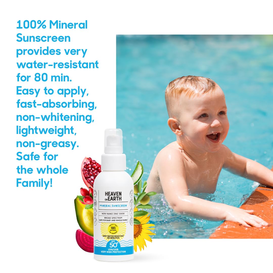 Natural and Vegan SPF 50+ Mineral Sunscreen for Full Body - Water Resistant (80 Minutes), Unscented, Titanium Dioxide FREE - Safe for Newborn and Whole Family - Non-Nano Best Sunscreen,100ml