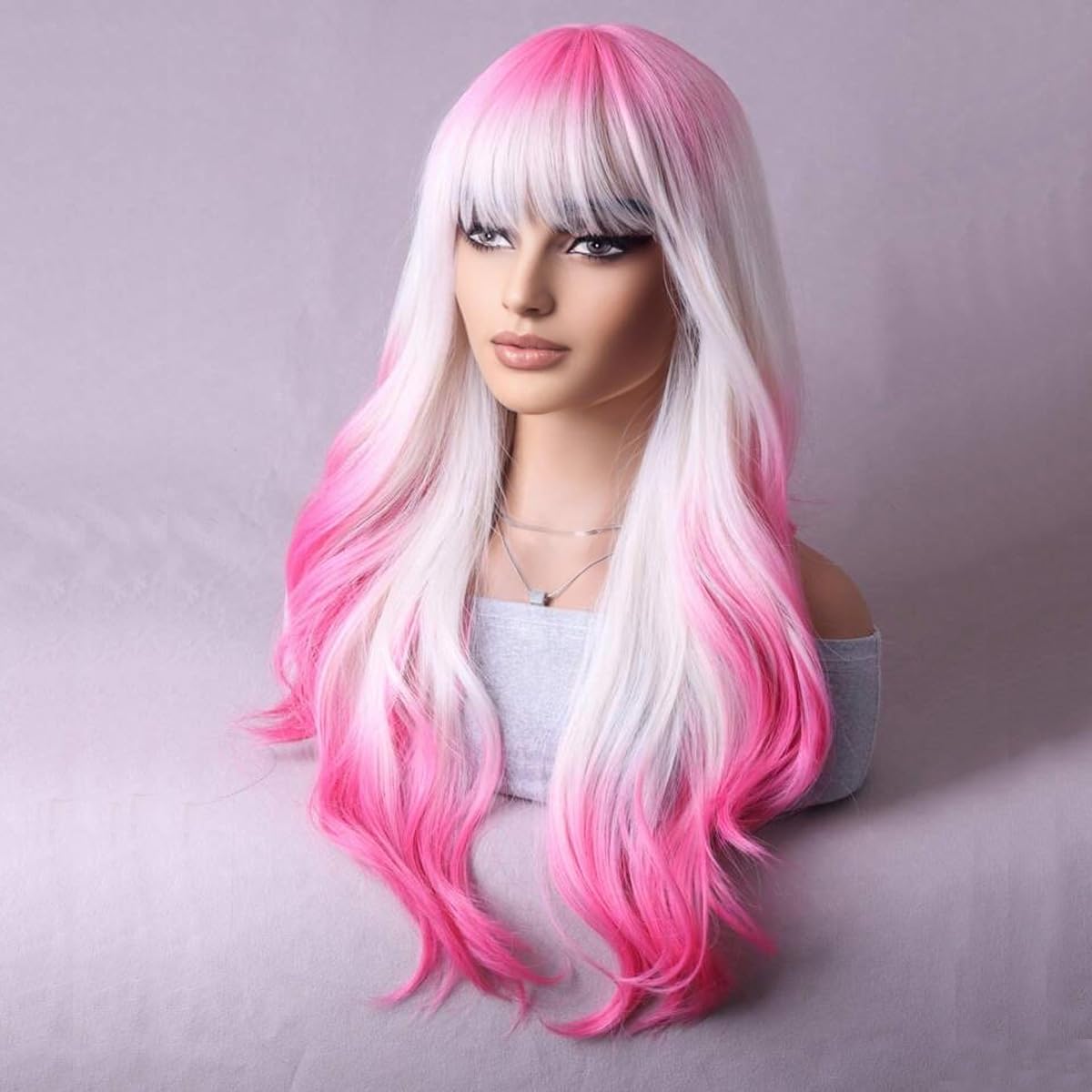 MAGQOO Hot Pink Blonde Ombre Wigs Women Girls Dark Pink White Ombre Wig with Bang Two Tones Colorful Wig Halloween Cosplay Costume Party