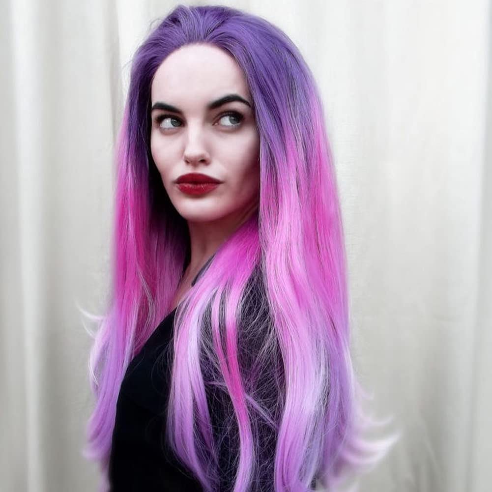 Kalisa Long Straight Ombre Purple to Pink Lace Front Wig Middle Parting Synthetic Wig Heat Resistant Fiber Drag Queen Daily Wigs for Women 24 Inches