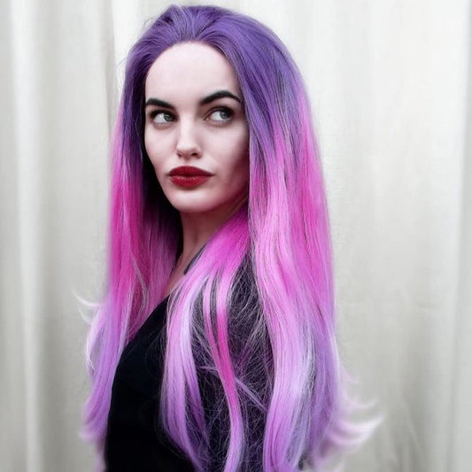 Kalisa Long Straight Ombre Purple to Pink Lace Front Wig Middle Parting Synthetic Wig Heat Resistant Fiber Drag Queen Daily Wigs for Women 24 Inches