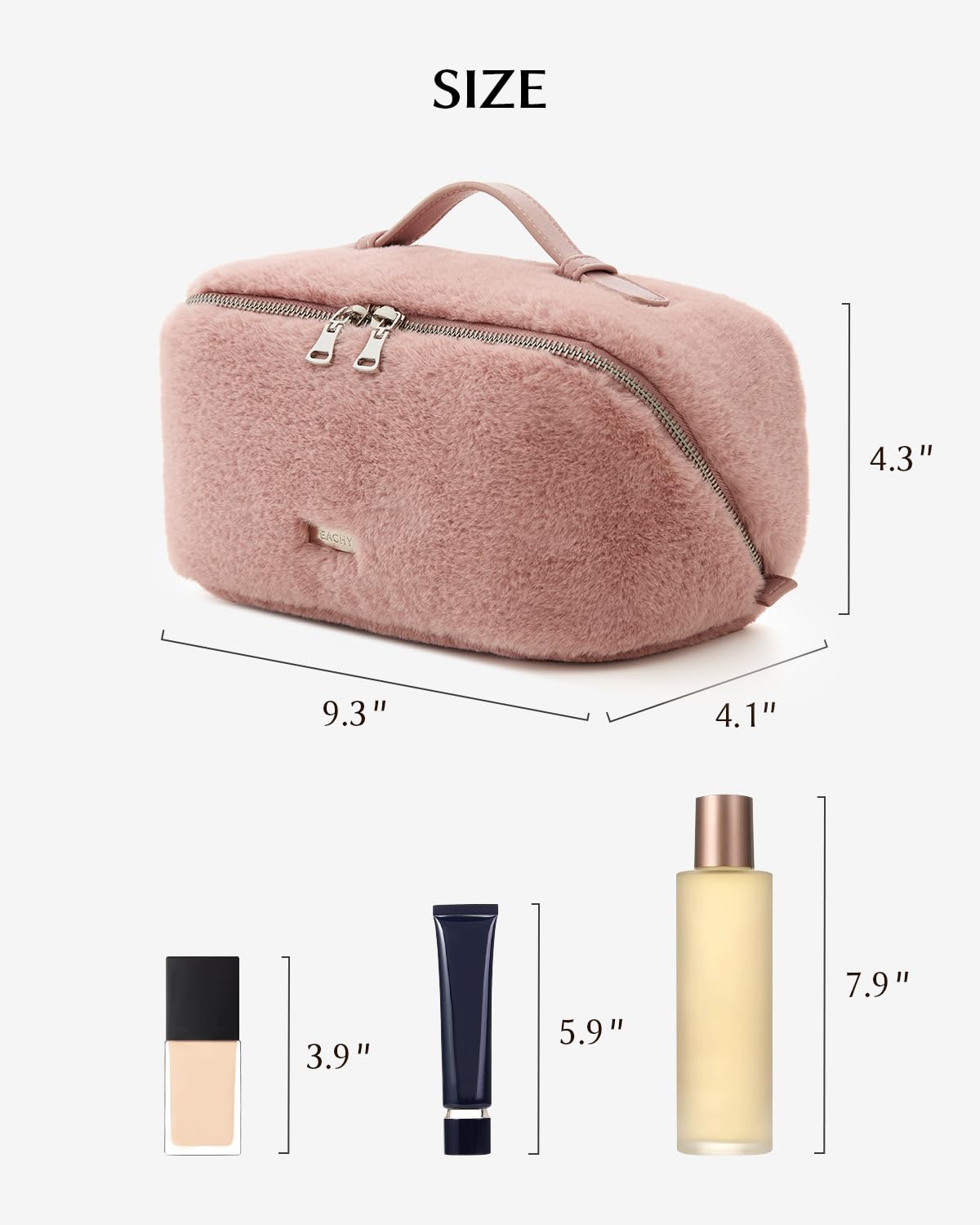 EACHY Travel Makeup Bag,Cute Faux Fur Cosmetic Bag for Women,Portable 180°Wide-Open Flat Make Up Bag,Large Capacity Makeup Pouch Make Up Organizer with Divider and Handle