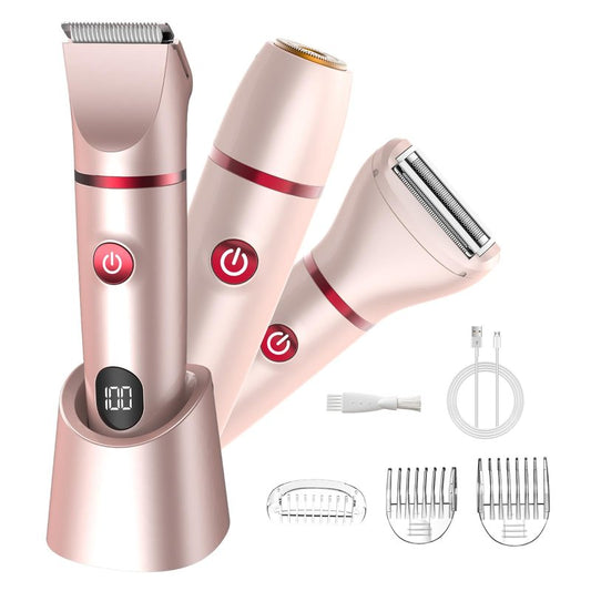 Zesuti Bikini Trimmer for Women- 3 in 1 Painless Electric Razors for Women,Waterproof Pubic Hair Trimmer and Facial Hair Remover,LCD Display Body Shaver for Trip,Rechargeable Women's Grooming Kit