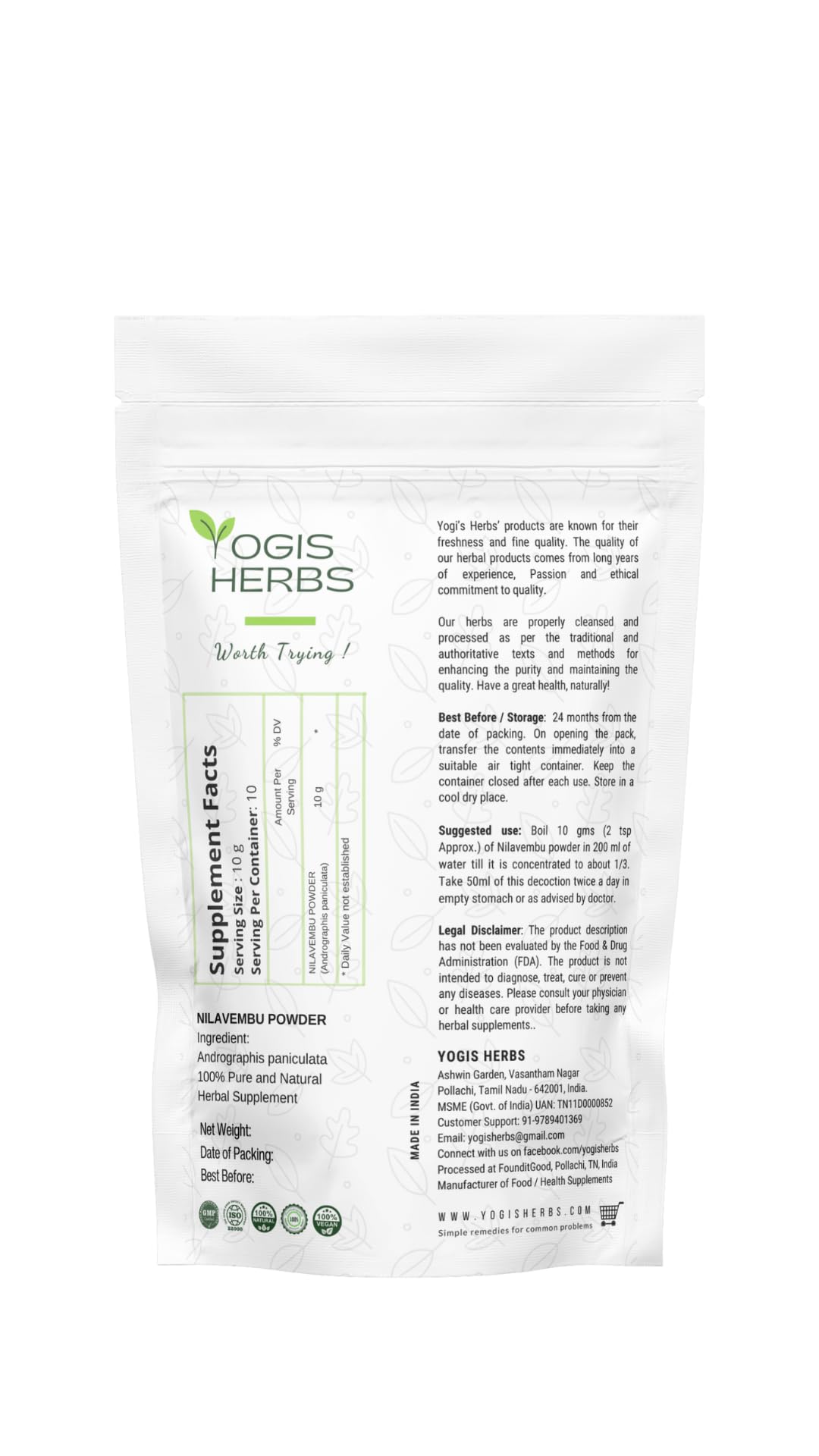 YOGIS HERBS Nilavembu Powder — Andrographis paniculata/Kalmegh/King of Bitters — Traditional Tamil Siddha Herb for Daily Wellness, Seasonal Comfort & Immune-Supporting Routines — Single-Ingredient