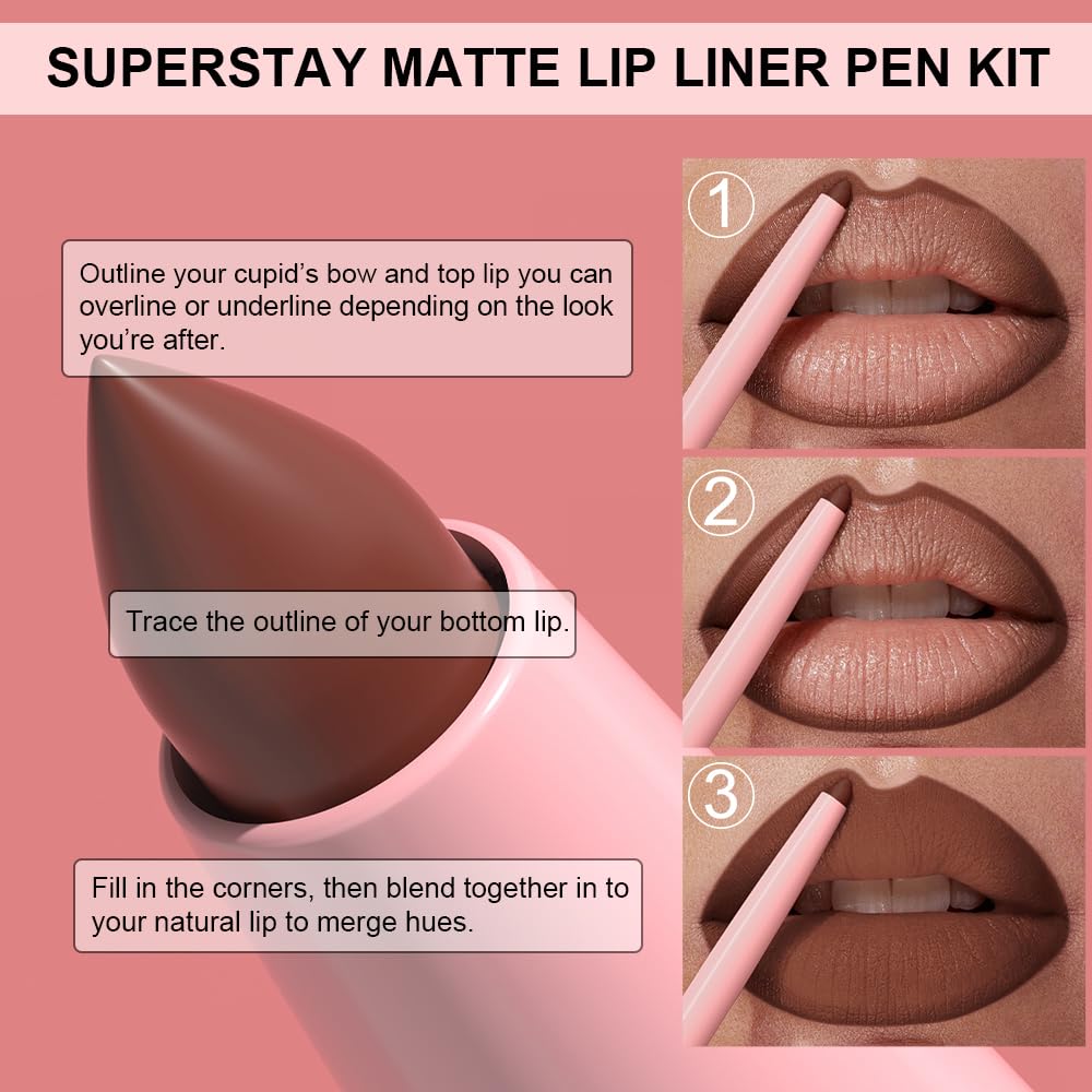 KIMIEYE 12 Colors Retractable Lip Liner Kit for Define & Sculpting Lips Shades, Long Lasting Waterproof High Pigment Matte Finish Creamy Texture Lip Liner Pencil Set for Women