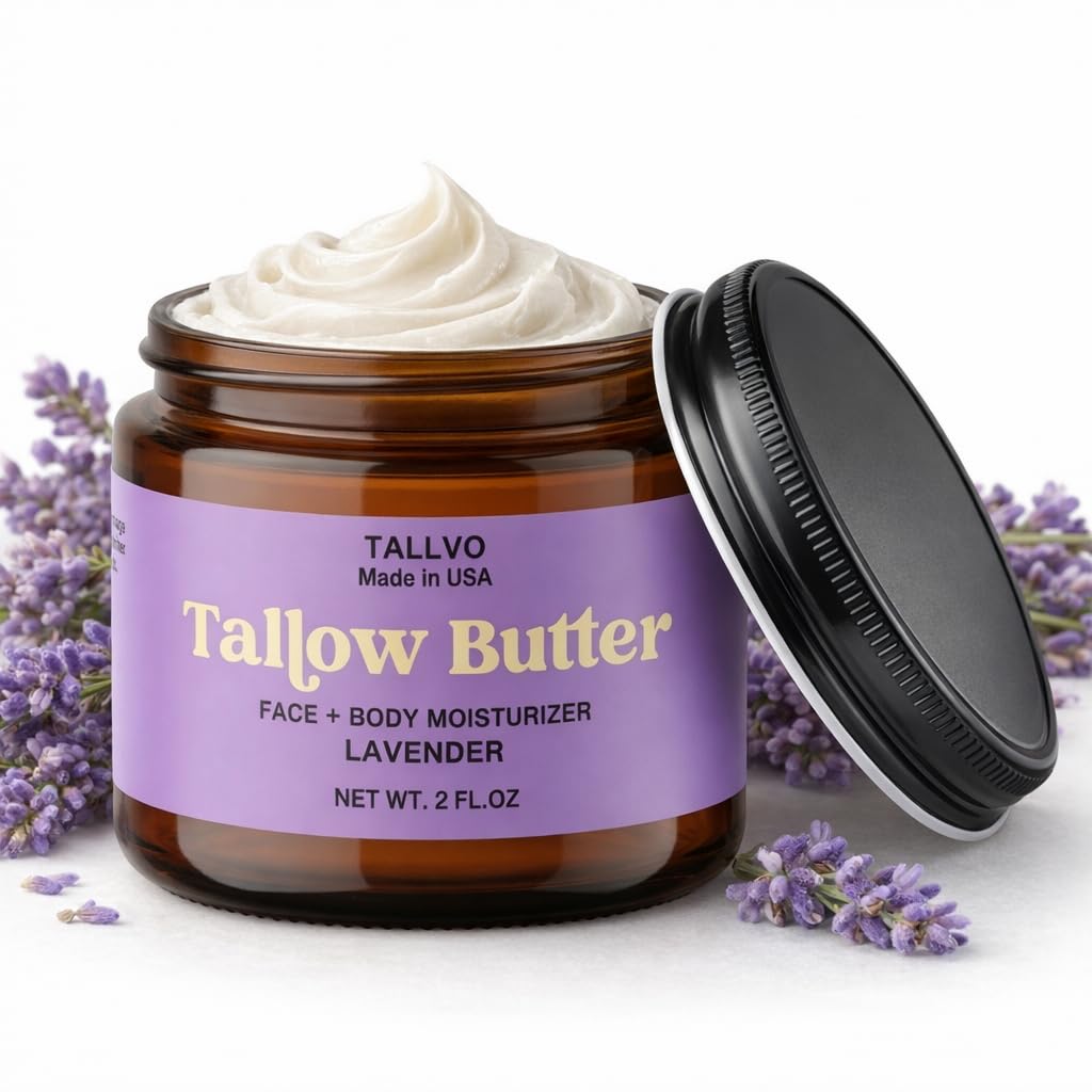 Tallvo Grass-Fed Beef Tallow Moisturizer for Face & Body Whipped Tallow Balm for Dry Skin, Eczema & Sensitive Skin Natural, Non-Toxic, Deep Hydration Skincare (Lavender, 2 oz)