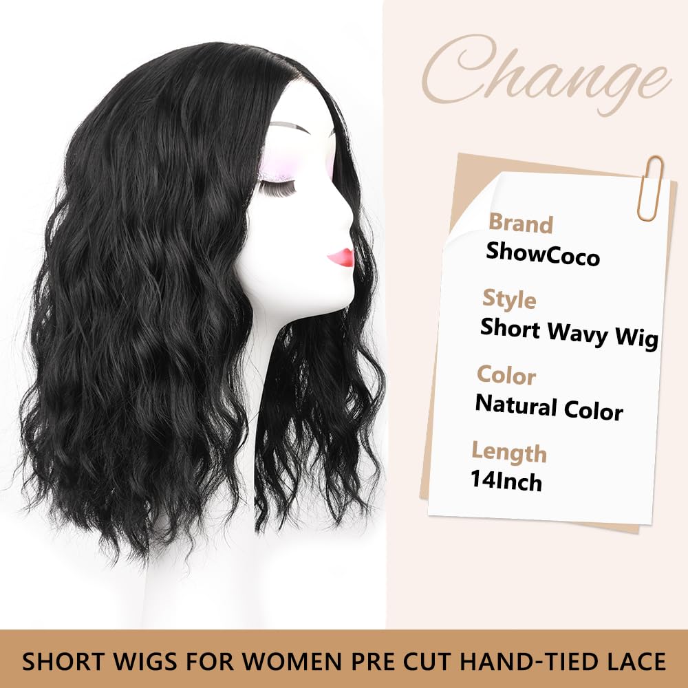 Black Wig for Women Pre Cut Hand-Tied Lace Short Wigs for Women Wavy Natural Hairline Middle Part Hair Replacement Wigs for Beginners 14 Inch Natural Bob Style Synthetic Wig 3 Seconds Wear for Daily