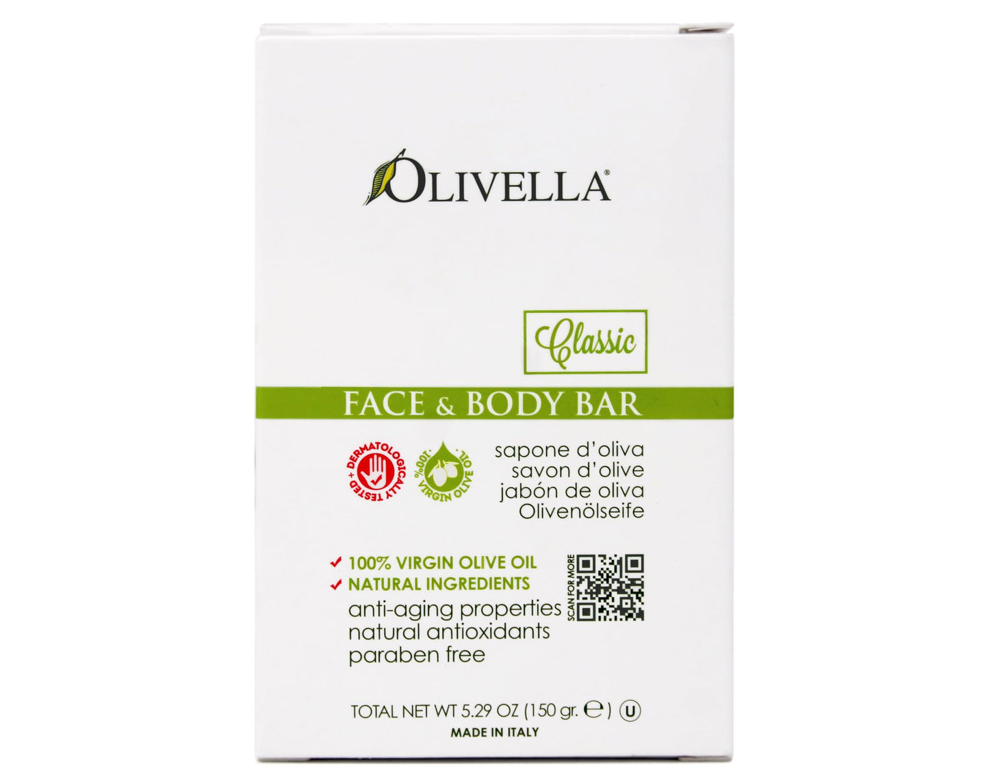 Olivella Classic Bar Soap Face & Body with Olive Oil, 5.29 OZ - 5 Pack