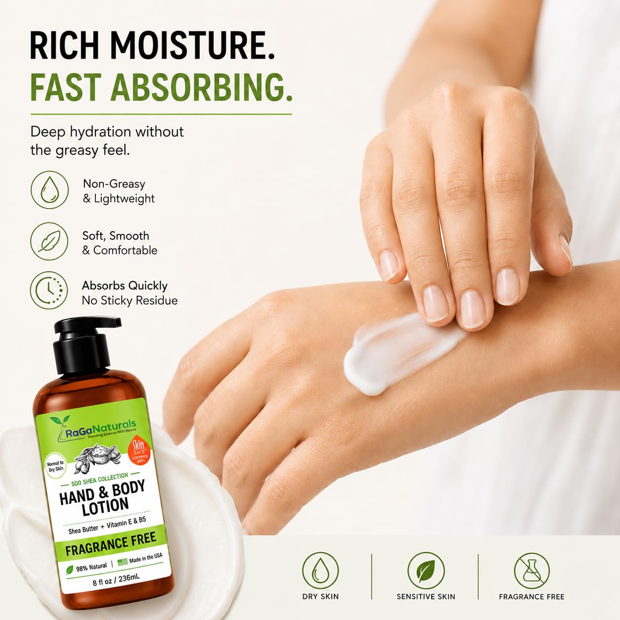 RaGaNaturals Natural Unscented Body Lotion for Dry Skin with Shea Butter and Vitamin E & B5 - Hydrating, Nourishing, Fragrance Free Hand Moisturizer With Organic Essence - For Women, Men, Kids - 8 Oz