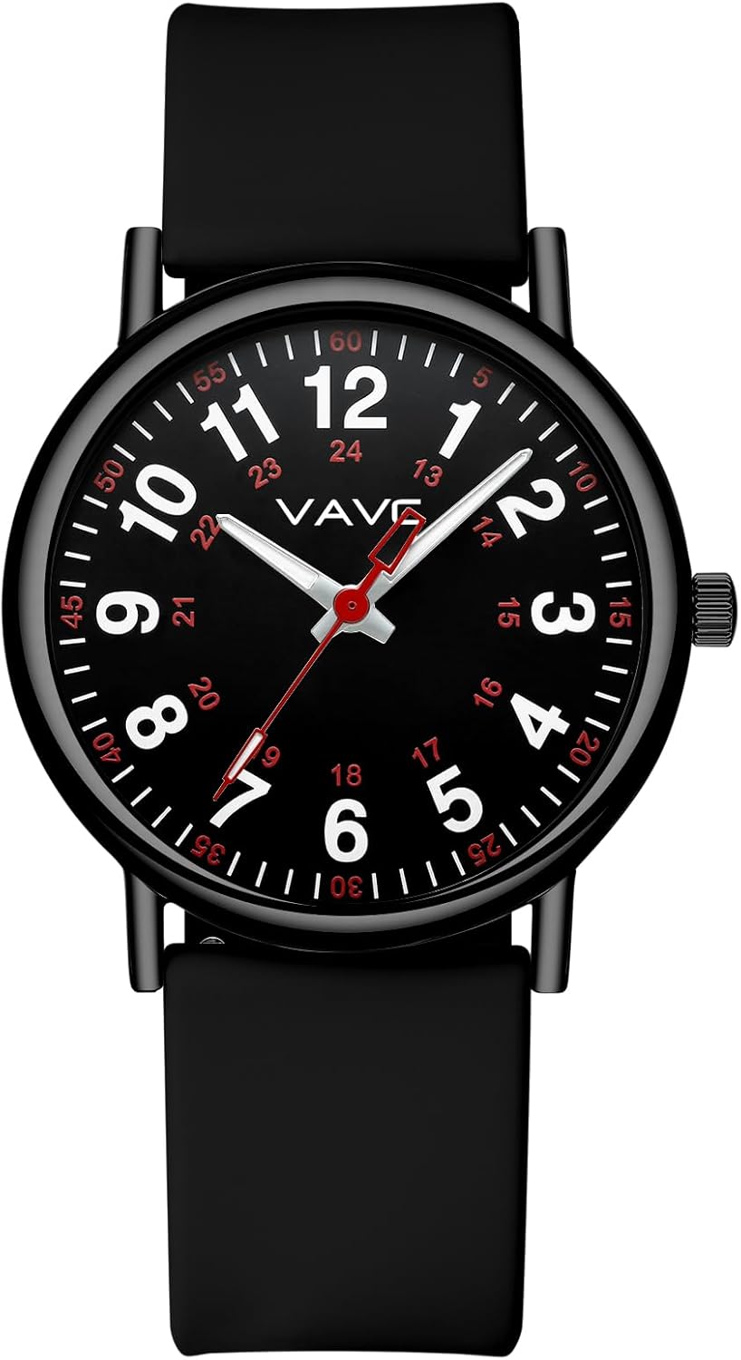 Waterproof Analog Nurse Watch for Nurses,Students,Medical Professionals,Women Men,with Luminouse Easy Read Dial,Military Time,Second Hand and 24 Hour,Comfortable Silicone Band.