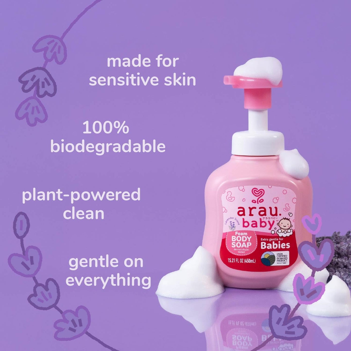 Arau Baby Foam Body Soap Lavender Scent, Natural Plant Based Baby Wash, No Artificial Fragrance or Additives, Gentle for Baby’s Sensitive Skin, Nourishing and Easy Rinse (15.21 Fl Oz)