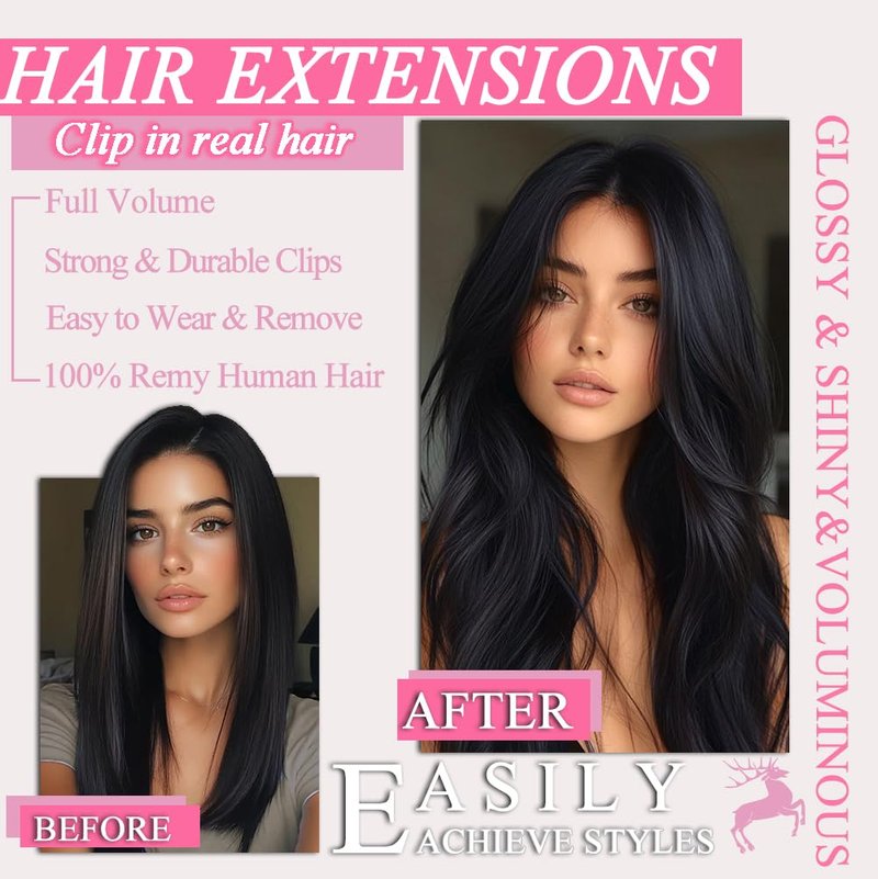 Clip In Hair Extensions - 18 Inch Straight Real Human Hair, Jet Black | 7Pcs, 95g Double Weft