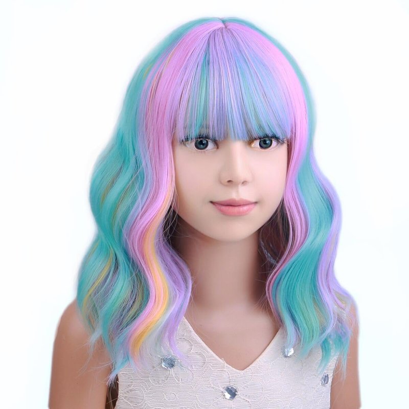 PATTNIUM Multicolor Wig for Kids Rainbow Child Wig with Bangs Wavy Colorful Wigs for Girls Shoulder Length Heat Resistant Synthetic Wigs