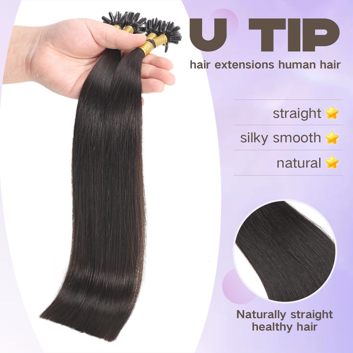Sindra U Tip Hair Extensions - 18 Inch Natural Black Keratin Human Hair | 50 Strands Hot Fusion U-Tip