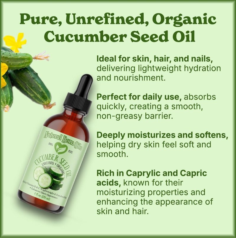Natural Born Oils Cucumber Seed Oil, 16oz, Organic, Cold-Pressed, Nutrient-Rich, Deep Skin Care, Hair Revitalization