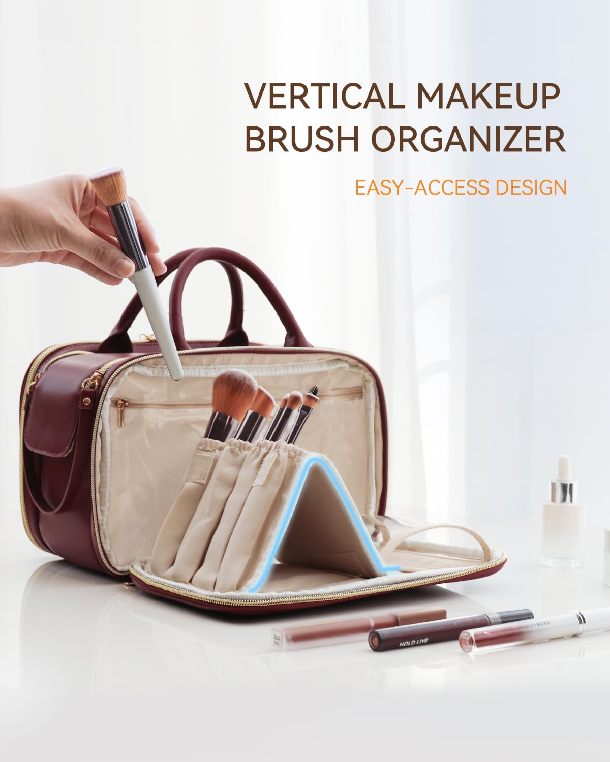 Prite Travel Makeup Bag Women’s Large Capacity Waterproof Cosmetic Organizer Portable Open Flat Toiletry Case with Free-standing Brush Holder and Handle(Burgundy Large)