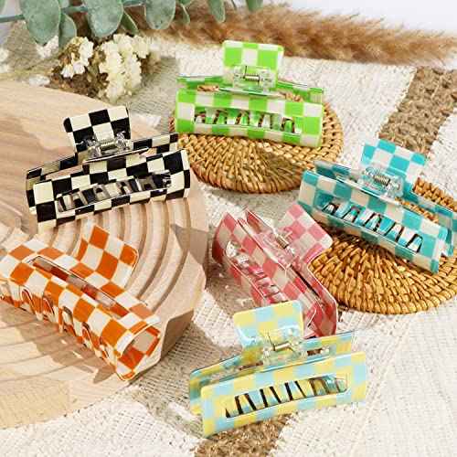 6 Pack Checkered Hair Claw Clips, 3.1" Multicolored Square Medium Non-Slip Claw Clips - Strong Hold for Women Girls Long Short Thin Hair