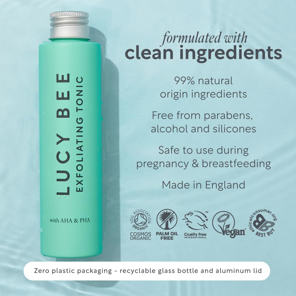 Lucy Bee AHA PHA Exfoliating Tonic for Sensitive Skin, Glycolic Acid & Fruit Acids, Gentle Daily Exfoliant, Dermatologist Approved, Certified Organic, Vegan & Cruelty Free, 3.38 fl oz