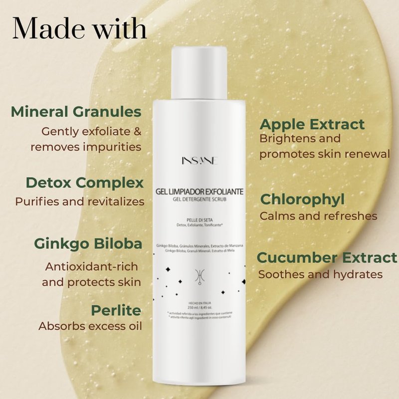 INSANE GLOW Exfoliating Cleansing Gel with Mineral Granules for Sensitive Skin – Purifies Pores, Smooths & Refines Skin with Ginkgo Biloba & Red Algae. Dermatologically Tested, Gentle Daily Use