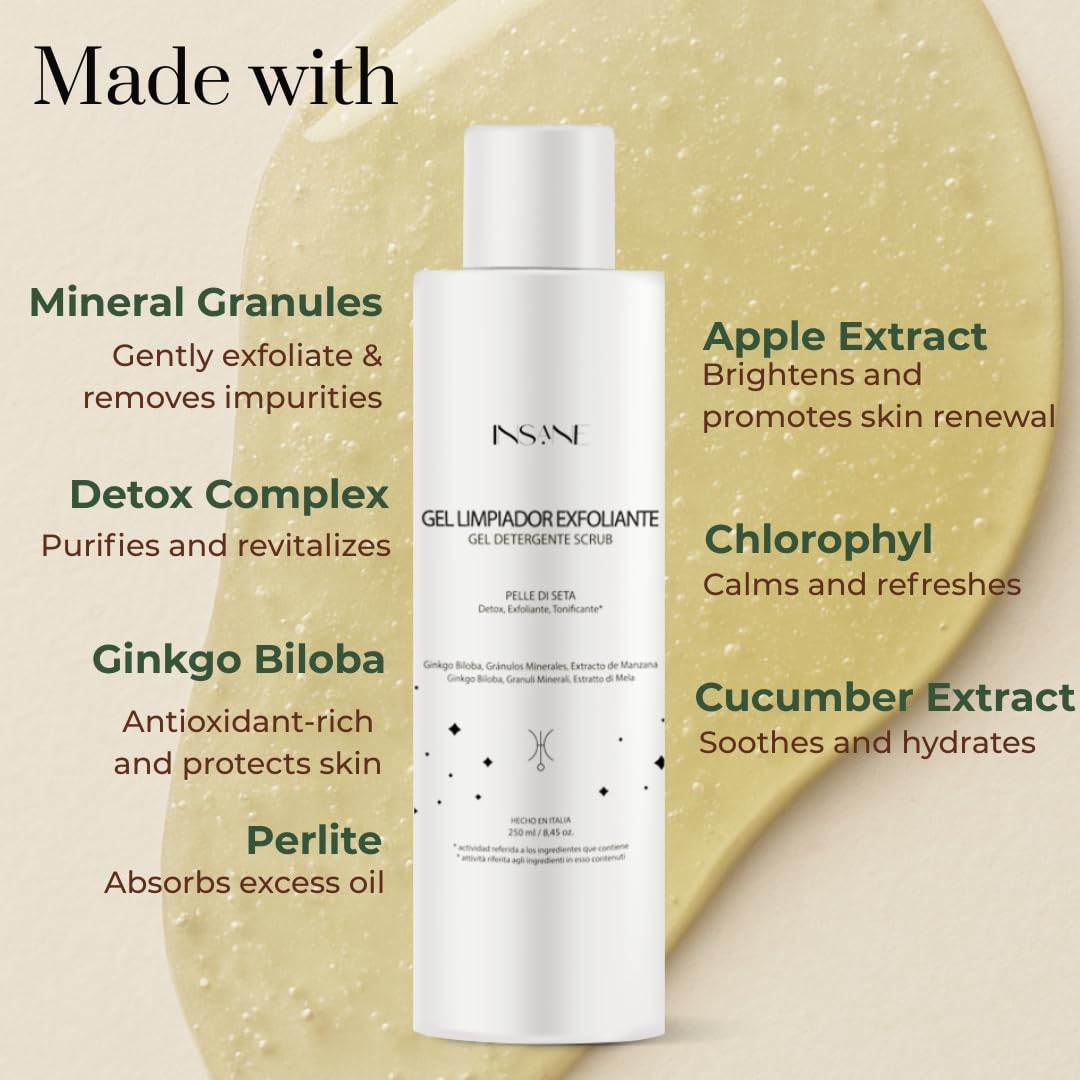 INSANE GLOW Exfoliating Cleansing Gel with Mineral Granules for Sensitive Skin – Purifies Pores, Smooths & Refines Skin with Ginkgo Biloba & Red Algae. Dermatologically Tested, Gentle Daily Use