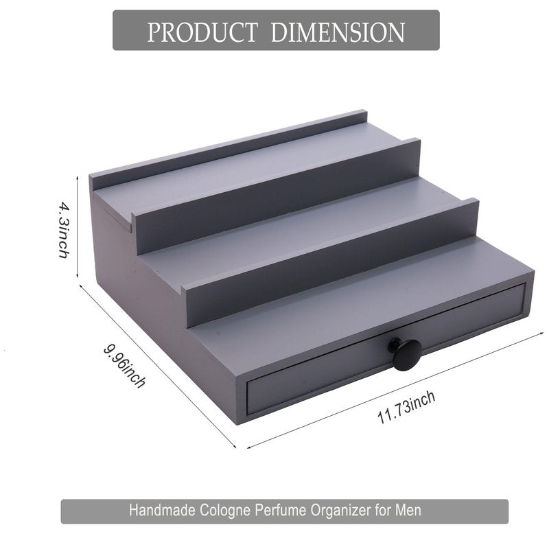 Fengligoo 3 Tier Cologne Organizer for Men - Wooden Cologne Perfume Display Stand with Drawer and Hidden Compartment, Mens Cologne Rack Holder Shelf for Organizing and Storing