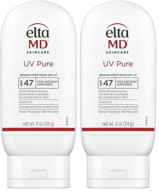 EltaMD UV Pure Face and Body Sunscreen,SPF 47 Mineral Sunscreen for Kids and Adults,Water Resistant Up to 80 Minutes,Oil Free Zinc Oxide Formula,4.0 oz,(Pack of 2)