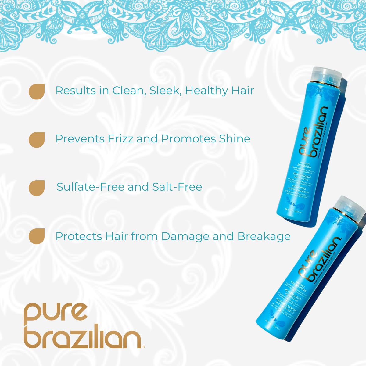 Pure Brazilian Anti-Frizz Shampoo & Conditioner Set - Salt-Free, Color Safe, Enriched with Keratin & Argan Oil | 13.5 Oz (400ml)