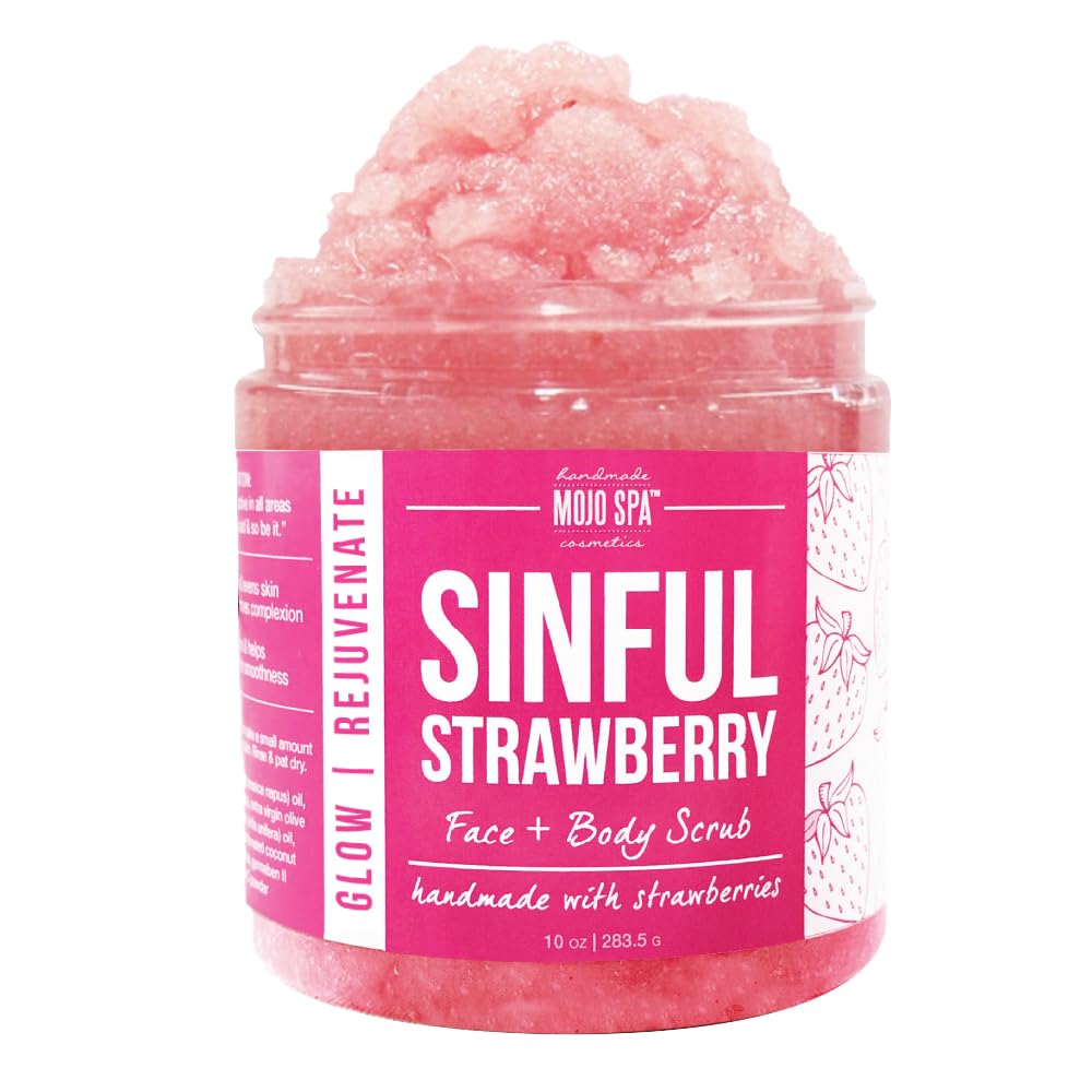 Mojo Spa Sinful Strawberry Superfood Face & Body Scrub | Strawberry Scent | Moisturizing Sugar Based Exfoliator | 10 oz