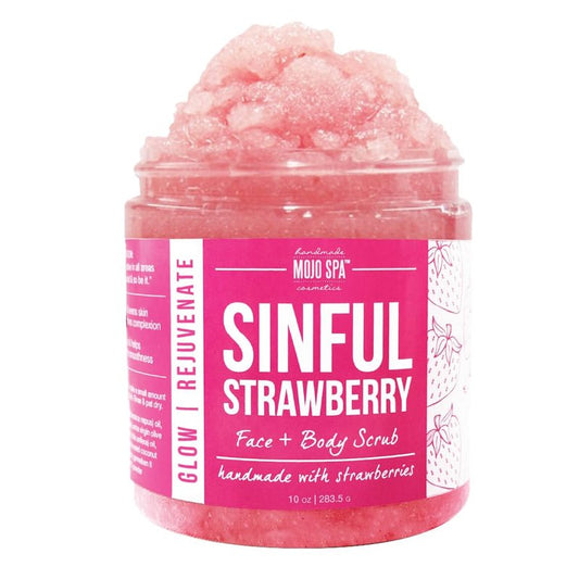 Mojo Spa Sinful Strawberry Superfood Face & Body Scrub | Strawberry Scent | Moisturizing Sugar Based Exfoliator | 10 oz