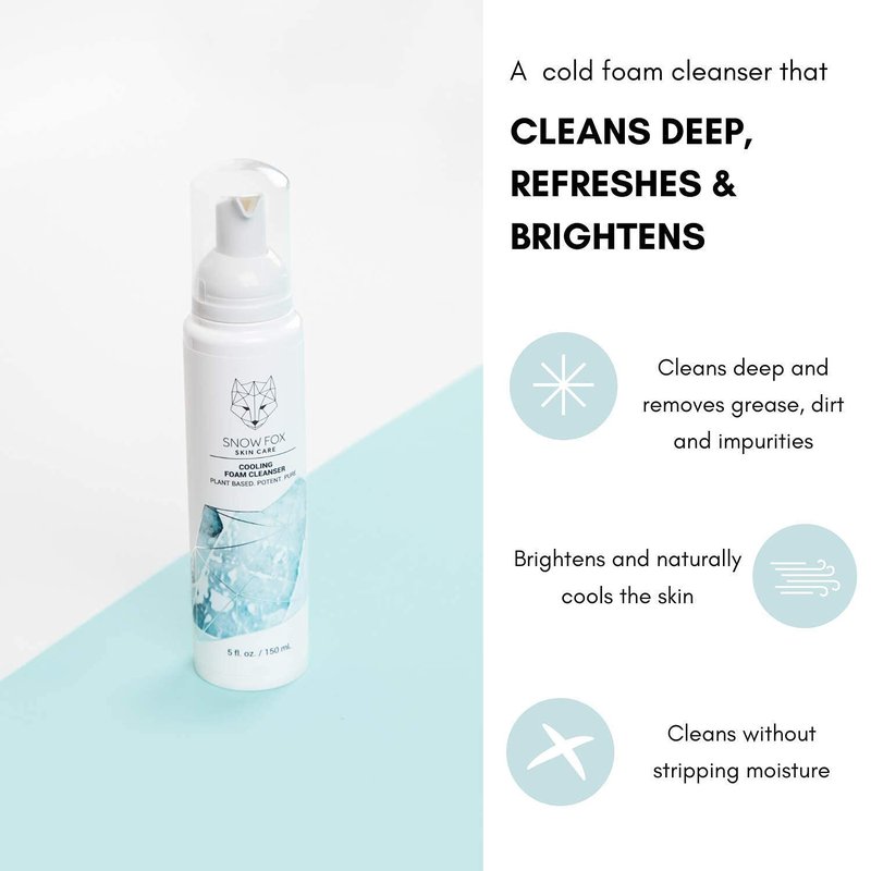 Snow Fox Skin Care Cooling Foam Cleanser – SLS-Free Face Wash with Organic Aloe Vera & Peppermint Water – Gentle, Non-Drying Formula for Oily, Combination & Sensitive Skin – 5oz
