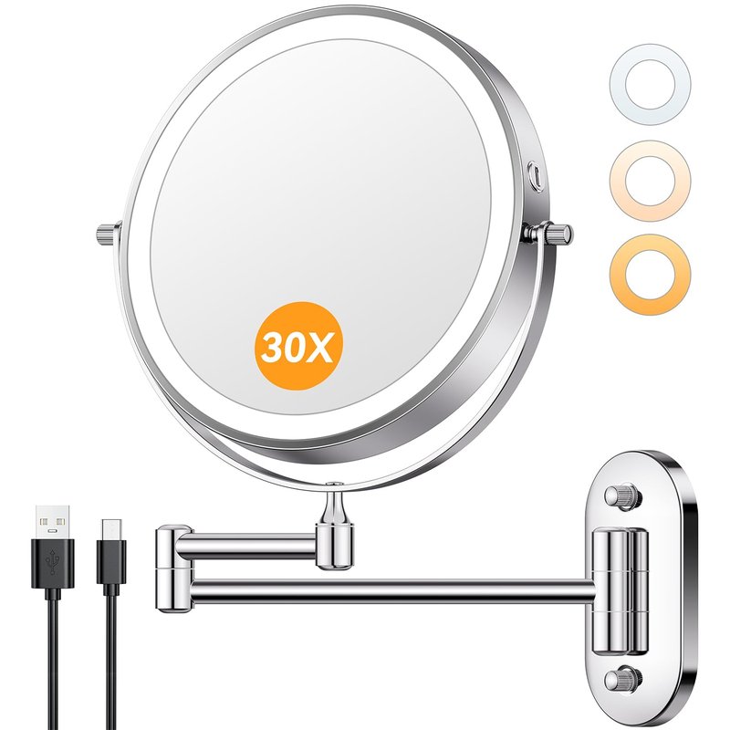Auxmir 1X/30X Wall Mounted Lighted Makeup Mirror, 8" Rechargeable Double-Sided Magnifying Mirror with Light, Touch Dimmable 3 Color Light, 360° Rotation Foldable Extended Arm, Chrome