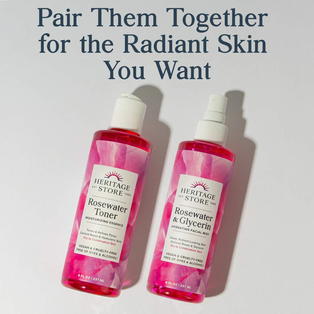 HERITAGE STORE Rosewater & Glycerin and Rosewater Toner | Deep Hydration Bundle for Dewy, Glowing Skin | Vegan | 8oz ea