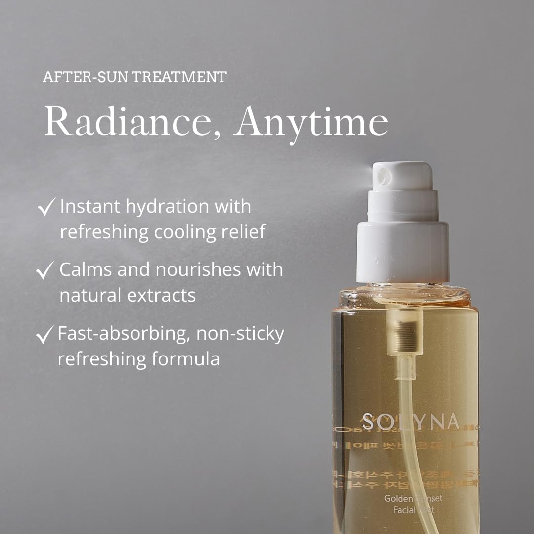 SOLYNA Golden Sunset Facial Spray 80ml Korean After-Sun Hydrating Facial Mist with Aloe Vera, Centella Asiatica (Cica) and Chamomile | Soothes & Calms Sunlit Skin
