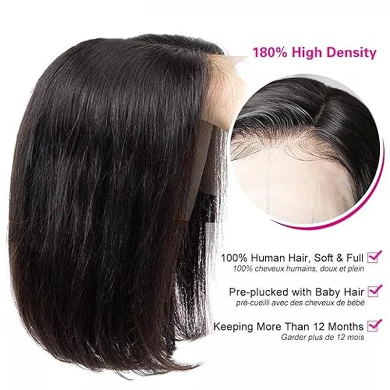 Straight Bob Wig Human Hair 13x4 HD Frontal Lace Wig Short Bob Wigs for Women Glueless Bob Lace Front Wigs Human Hair Pre Plucked 150% Density Natural Black Color 12Inch