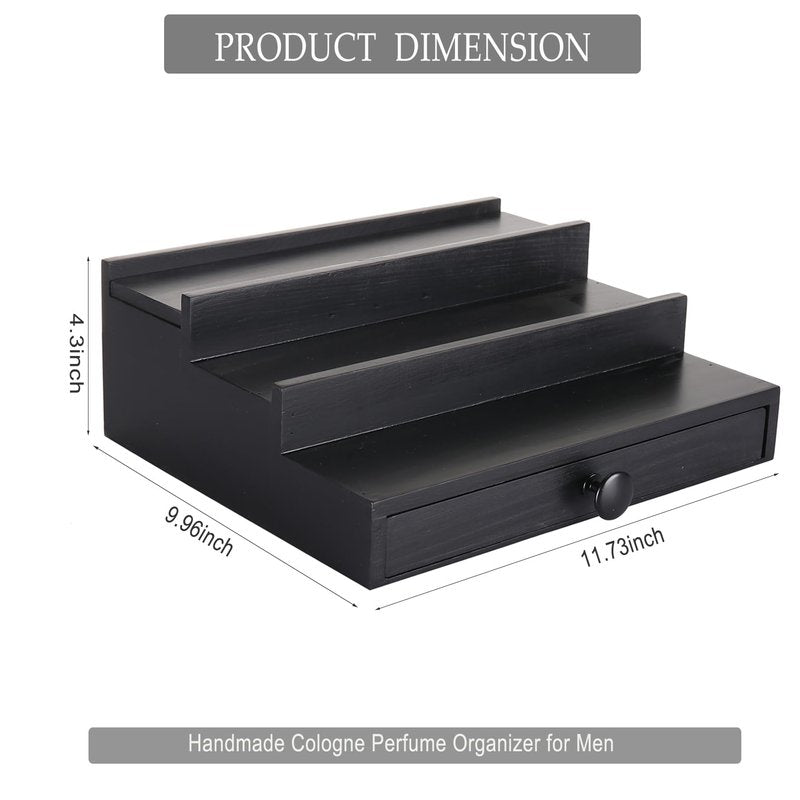 Fengligoo Black Wooden Cologne Organizer for Men - 3 Tier Wooden Perfume Display Stand with Drawer and Hidden Compartment for Organizing and Storing, Cologne Holder Shelf for Dresser