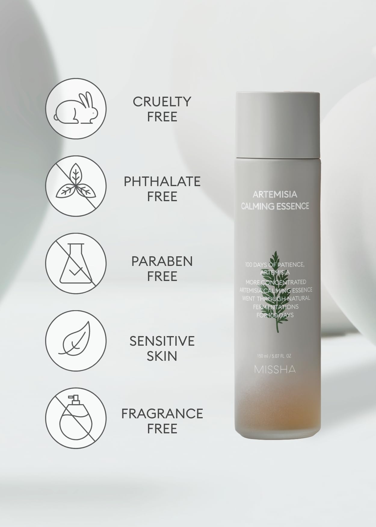 MISSHA Artemisia Calming Essence 5.07 Fl oz / 150ml - 100% Artemisia Annua Extract Facial Toner for Sensitive Skin, Korean Toner with Double-Fermented Mugwort, Soothes Redness & Acne