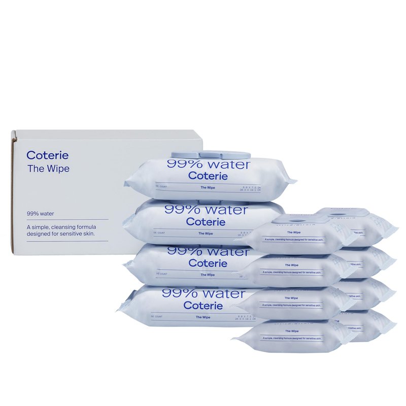 Coterie Baby Wipes for Sensitive Skin, Plant-Based and Plastic-Free Fibers, 99% Water, Hypoallergenic, pH Balanced, Unscented, Clean and Gentle Baby Essentials, 4 Standard Packs & 8 Travel Size Packs